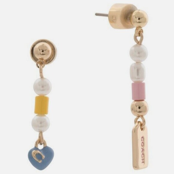 Coach Faux Pearl Signature Charm Mismatched Linear Earrings NWT - Picture 1 of 7